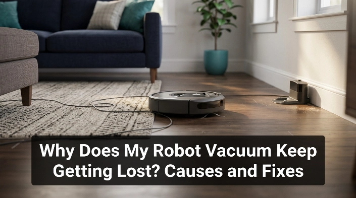 Robot vacuum near dust, wheel debris, cables, furniture, and rug obstacles that can disrupt navigation