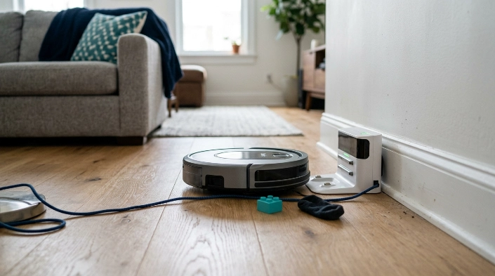 Robot vacuum approaching charging dock with cable obstacle and clear floor space around the station