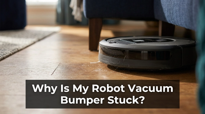 Robot vacuum with a stuck front bumper showing debris around the bumper gap