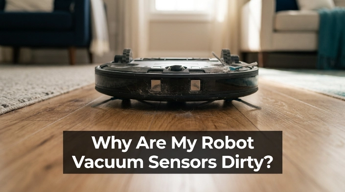 Fine dust, pet hair and lint collecting around robot vacuum cliff sensors
