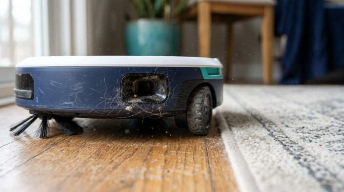 Fine dust, pet hair and lint collecting around robot vacuum cliff sensors