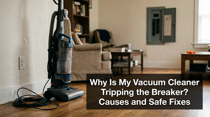 Corded vacuum near wall outlet illustrating why a vacuum cleaner may trip a circuit breaker