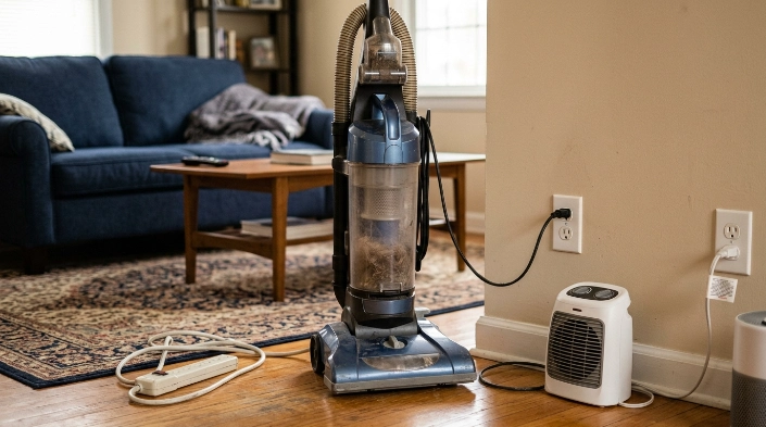 Vacuum beside heater, worn cord, full bin, and outlet showing common breaker-trip causes