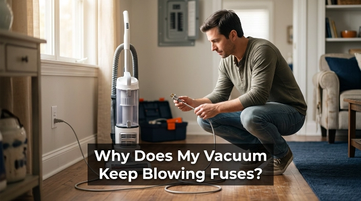 Unplugged vacuum beside an outlet illustrating why a vacuum keeps blowing fuses