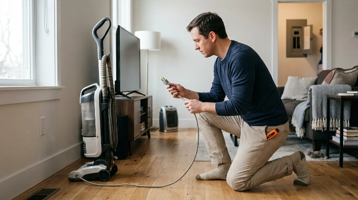 Homeowner inspecting an unplugged vacuum while checking possible household circuit overload