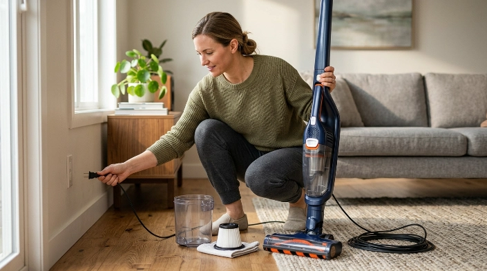 Homeowner safely unplugging and maintaining a vacuum to prevent electrical problems