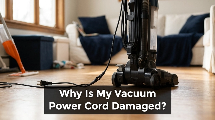 Close-up of a damaged vacuum cord showing cracked insulation and heat discoloration near the plug.