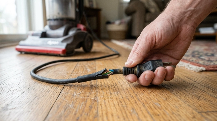 Close-up of a damaged vacuum cord showing cracked insulation and heat discoloration near the plug.