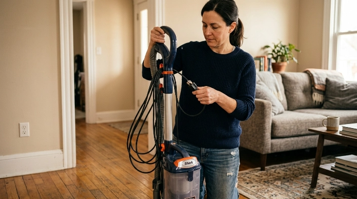 Person loosely wrapping a vacuum power cord around storage hooks without sharp bends.