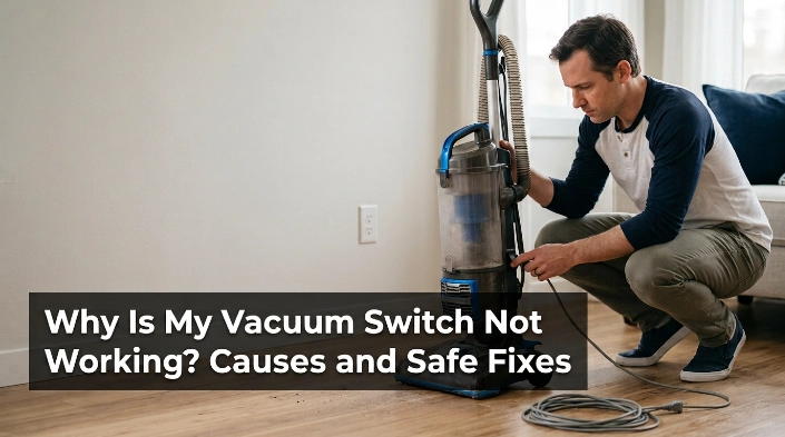 Homeowner checks cord, filter, hose and switch while diagnosing a vacuum that will not start.