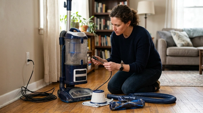 Homeowner checks cord, filter, hose and switch while diagnosing a vacuum that will not start.