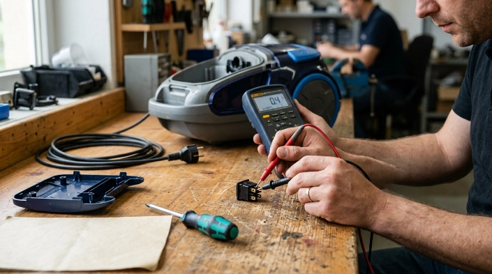 Technician continuity-tests an isolated vacuum power switch with a multimeter while the vacuum is unplugged.