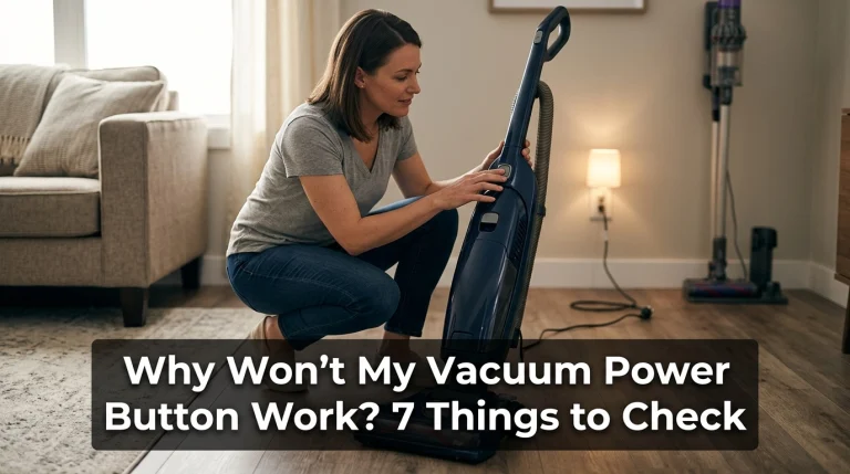 Homeowner troubleshooting why a vacuum power button won't work beside an electrical outlet.