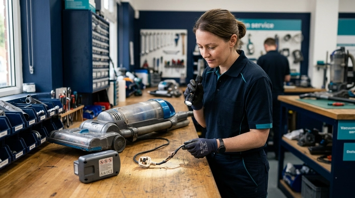 Technician inspecting a damaged vacuum cord after a power button failure.