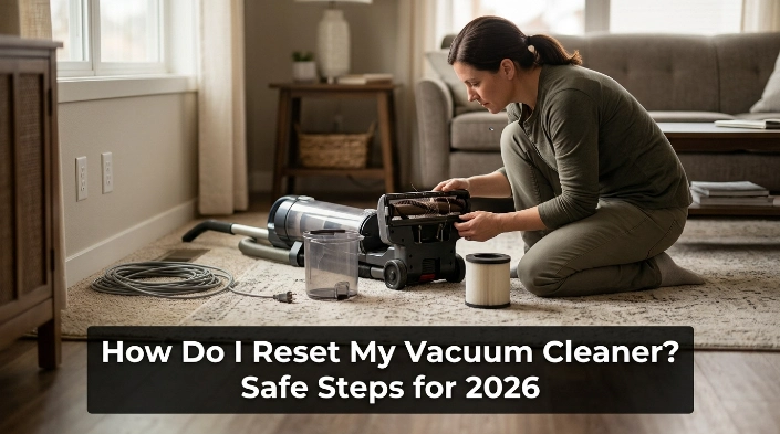 Homeowner safely resetting an unplugged vacuum cleaner after checking the bin, filter, and brush roll.