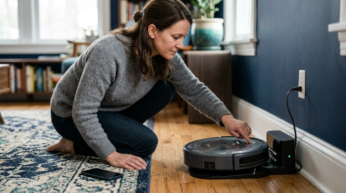 Homeowner rebooting a robot vacuum on its charging dock without performing a factory reset.