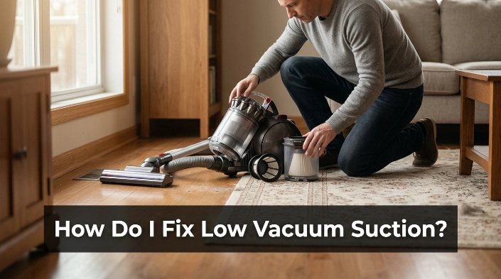 Homeowner troubleshooting low vacuum suction by checking the filter, hose, dust bin, and cleaner head.