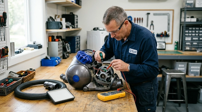 Appliance technician professionally inspecting a vacuum after routine fixes fail to restore suction.