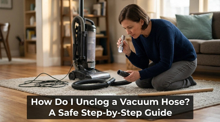 Unplugged vacuum with detached hose being inspected safely with flashlight and blunt cleaning tool