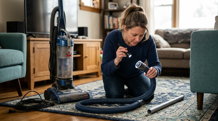 Unplugged vacuum with detached hose being inspected safely with flashlight and blunt cleaning tool