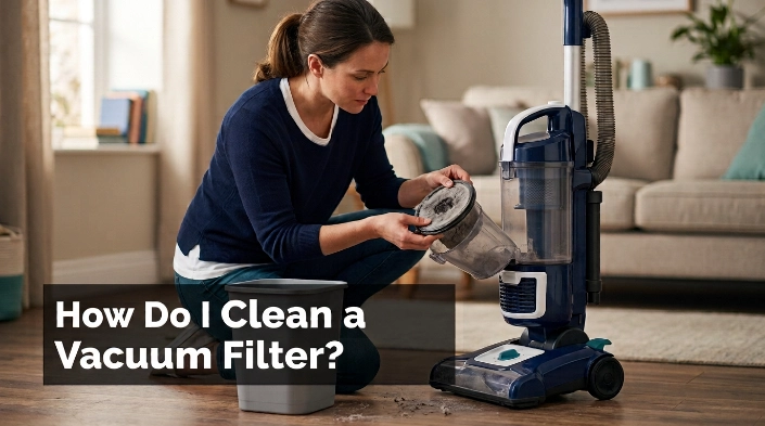 Dust-covered vacuum filter being inspected after reduced suction and weak airflow