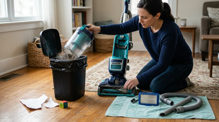 Homeowner emptying a vacuum bin and checking the filter, hose, and brush roll