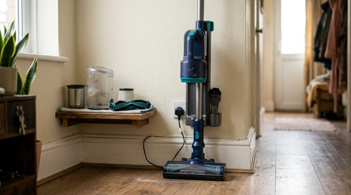 Cordless vacuum stored on its charging dock with clean filter, bin, and brush roll