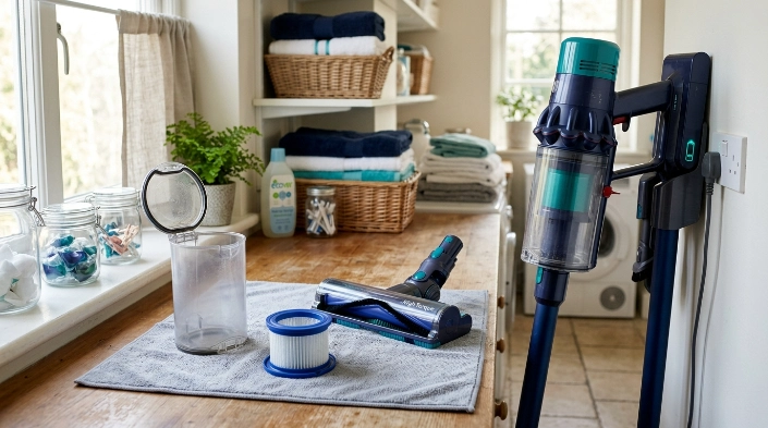 Cordless vacuum maintenance with empty bin, clean filter, clear brush roll, and charging dock