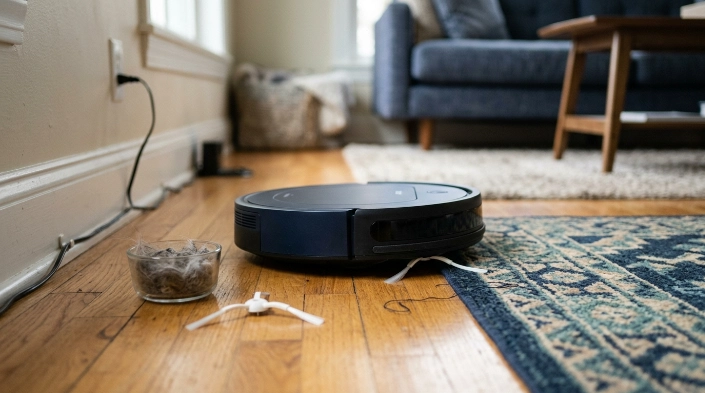 Clean robot vacuum side brush beside a cleared floor with cables and threads removed