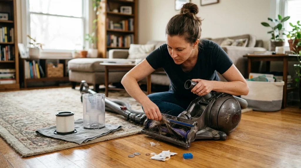 Homeowner cleaning a vacuum brush roll, hose, filter, and bin to prevent clogs