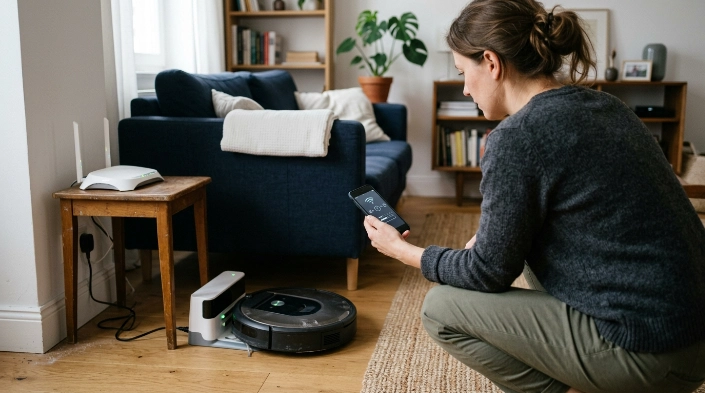 Homeowner reconnecting a docked robot vacuum to Wi-Fi using a smartphone near the router.