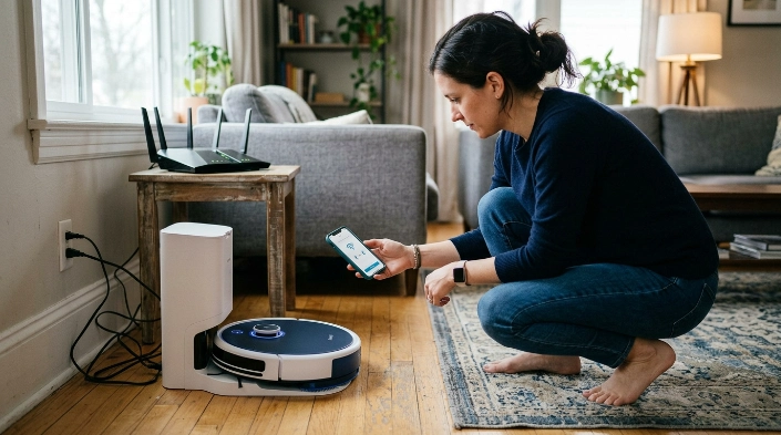 Homeowner reconnecting a robot vacuum near its dock and Wi-Fi router using a smartphone.