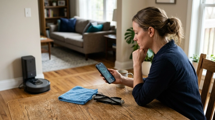 Homeowner deciding whether to remap, reboot or contact support for robot vacuum mapping problems