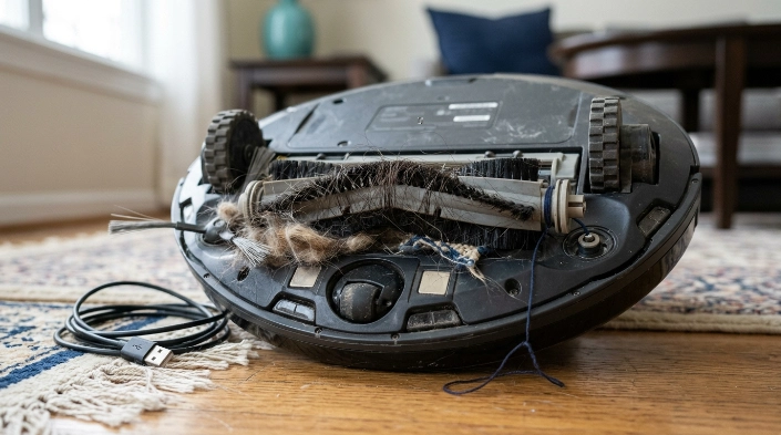 Clean robot vacuum brush being inspected for worn roller parts and a damaged end cap.