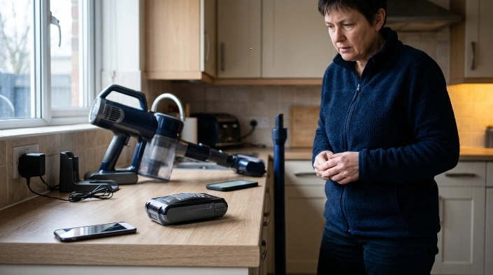 Swollen cordless vacuum battery isolated safely while homeowner prepares to contact professional support.