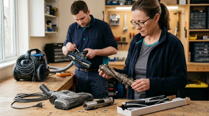 Worn vacuum brush roll beside a replacement while a technician checks the powered floorhead