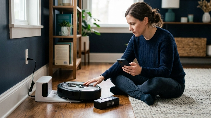 Homeowner deciding whether a robot vacuum charging problem needs reset, battery, or support
