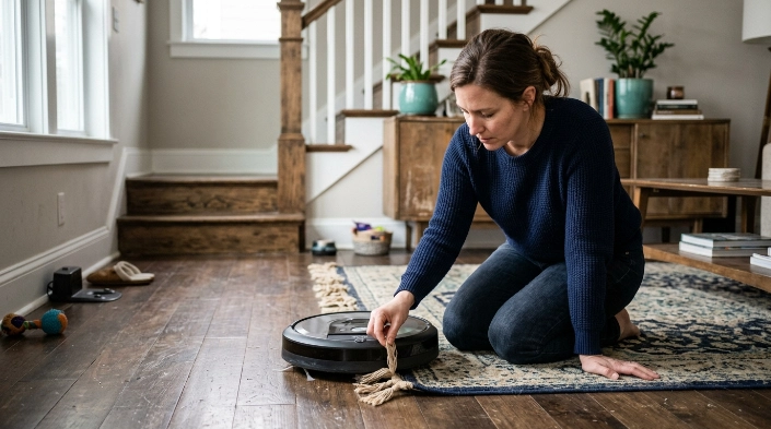 Robot vacuum stopped beside rug fringe while homeowner checks a cleaning-time alert