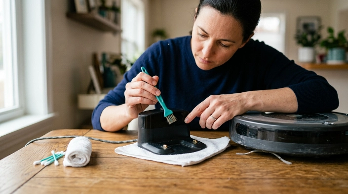 Person inspecting robot vacuum dock charging pins and connector after basic troubleshooting fails.