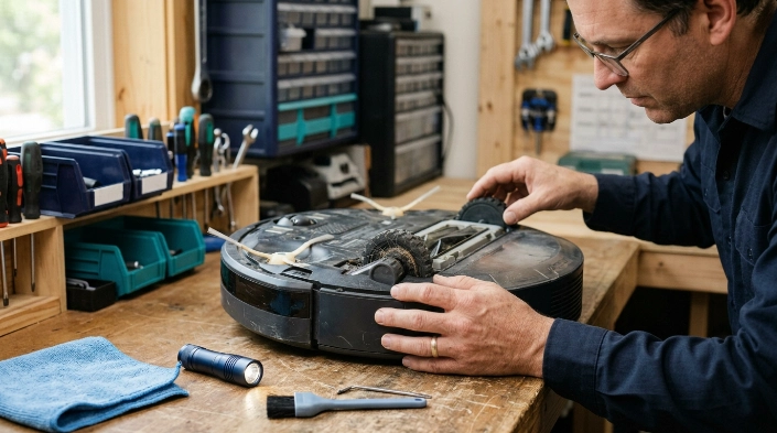 Robot vacuum wheel module inspected after repeated circling on every floor surface