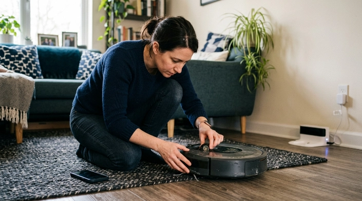 Homeowner checks wheels and bumper after cleaning robot vacuum sensors