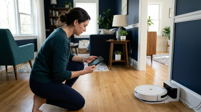 Homeowner remaps a robot vacuum from its dock after rearranging furniture and clearing pathways