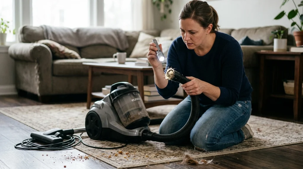 Person checking a vacuum hose after weak suction leaves crumbs and pet hair behind