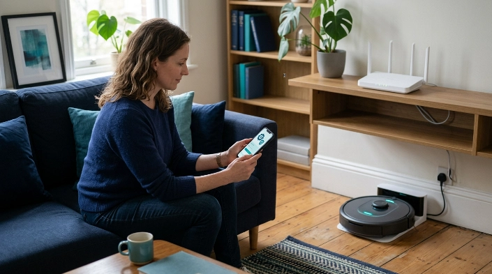 Robot vacuum docked near a Wi-Fi router while a homeowner checks connection and security settings.