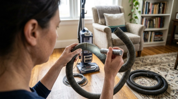 Homeowner flexing a vacuum hose under bright light to locate a small crack or blockage.