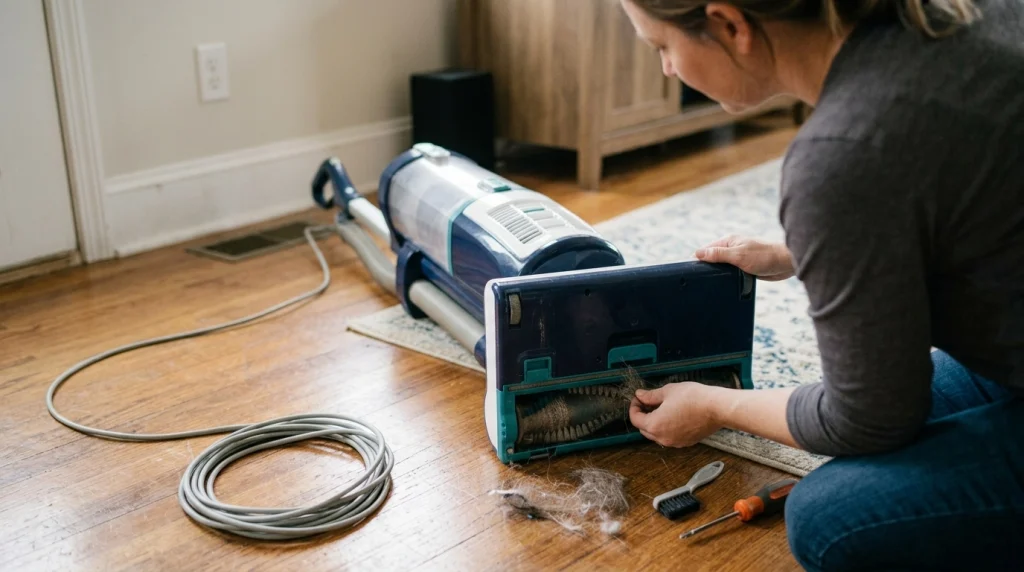 Homeowner safely removing hair from an unplugged vacuum brush roll during troubleshooting