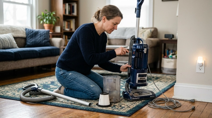 Homeowner troubleshooting a vacuum that won't start by checking power, filters, hose, and dustbin.