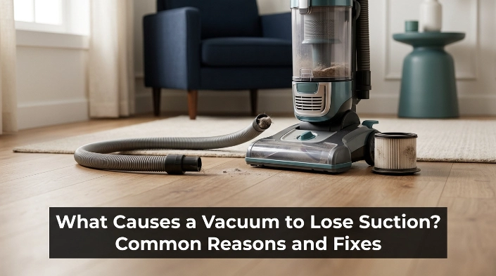 What causes a vacuum to lose suction, shown with a clogged hose, dirty filter, and full dust bin.