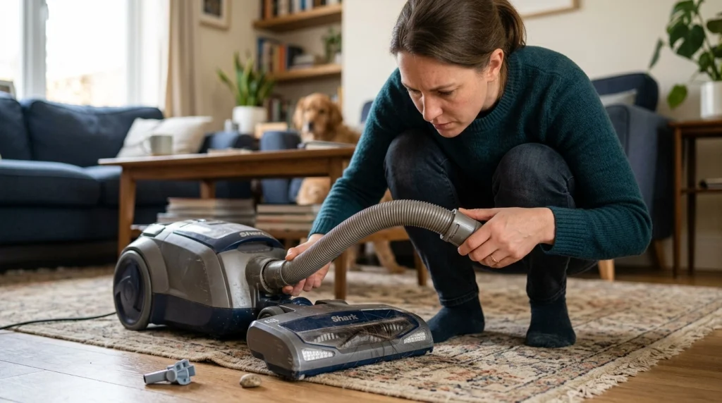 Homeowner inspecting a vacuum hose and brush roll after hearing rattling, whistling, or squealing noises