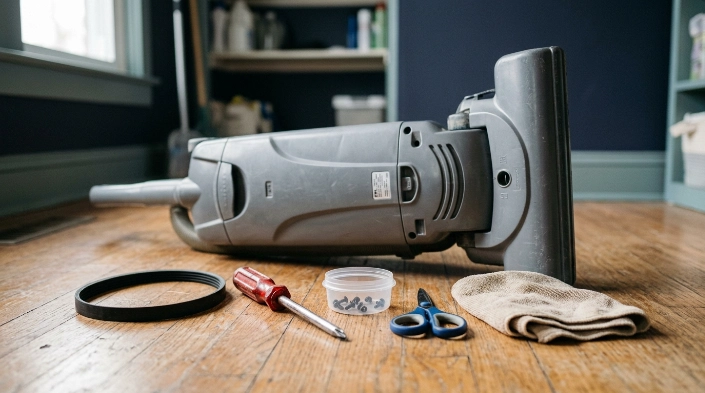 Replacement vacuum belt, screwdriver, scissors, screw container and cloth beside an upright vacuum.